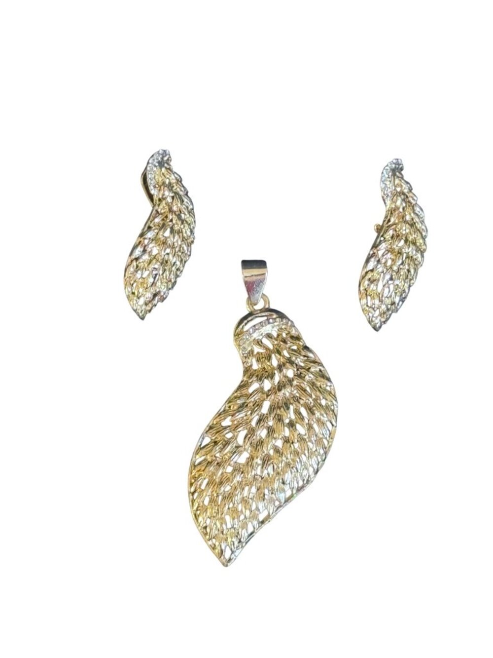 Gold Tone Angel Wing Pendant Earrings Set Intricate Design  Rhinestone Accents